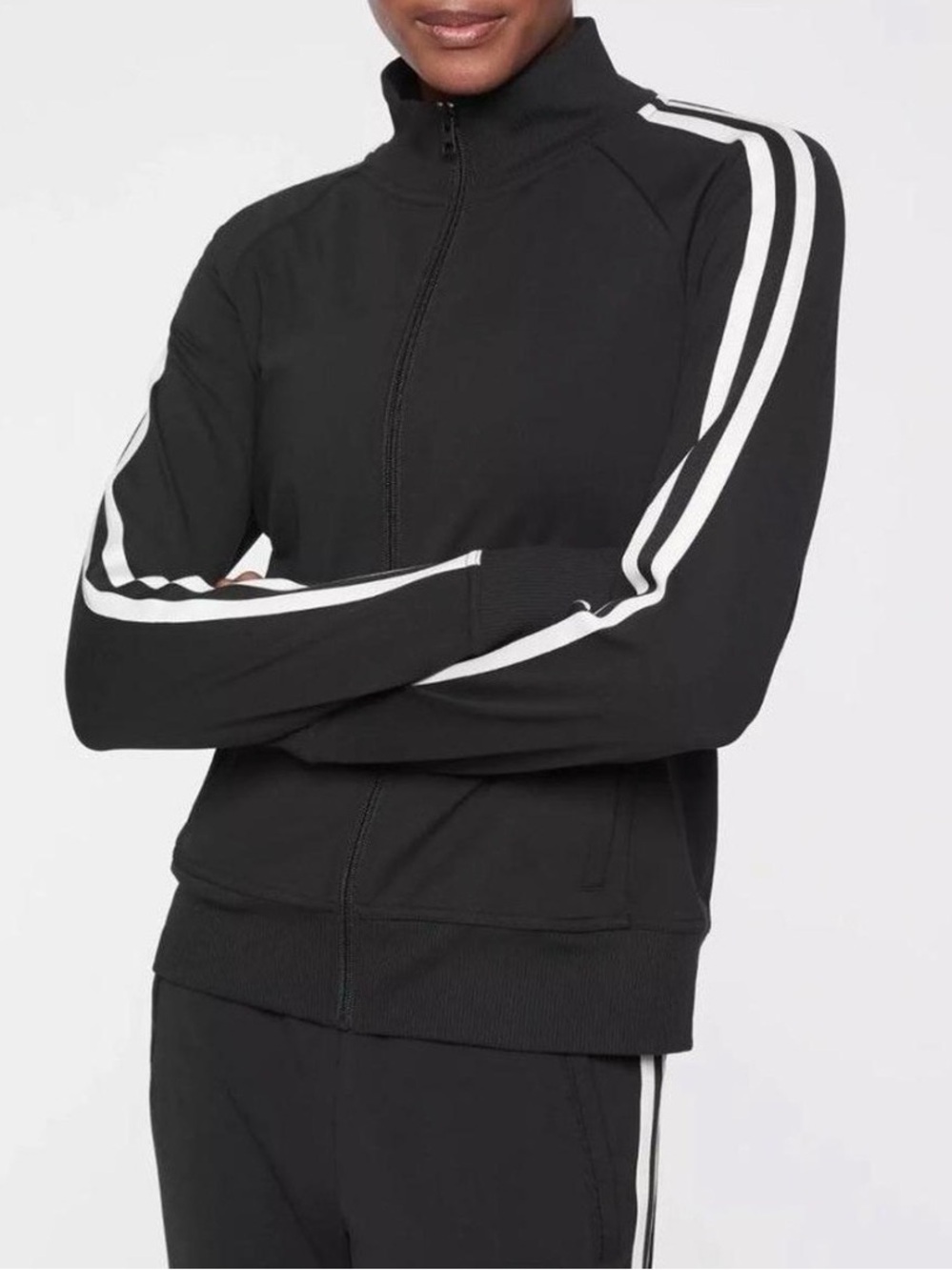 Athleta Black Track Jacket with White Stripes